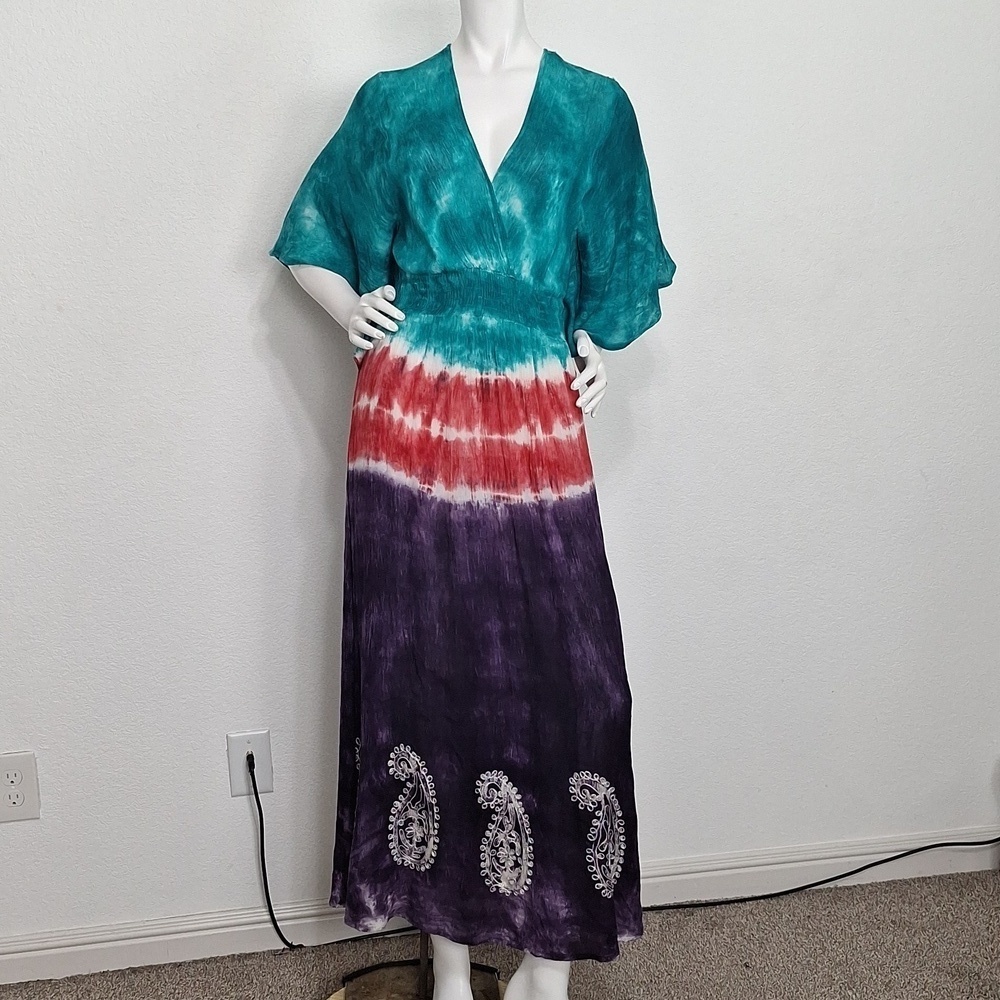 India Boutique Multicolor Tie Dye Print Bohemian Coastal Maxi Dress Free Size